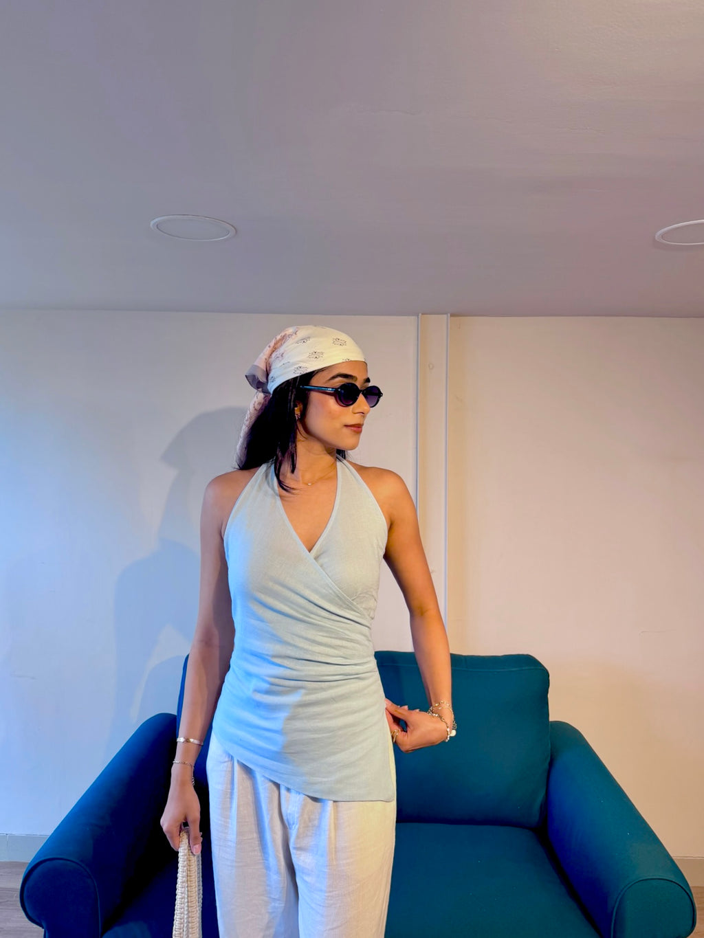 Sky blue halter neck top