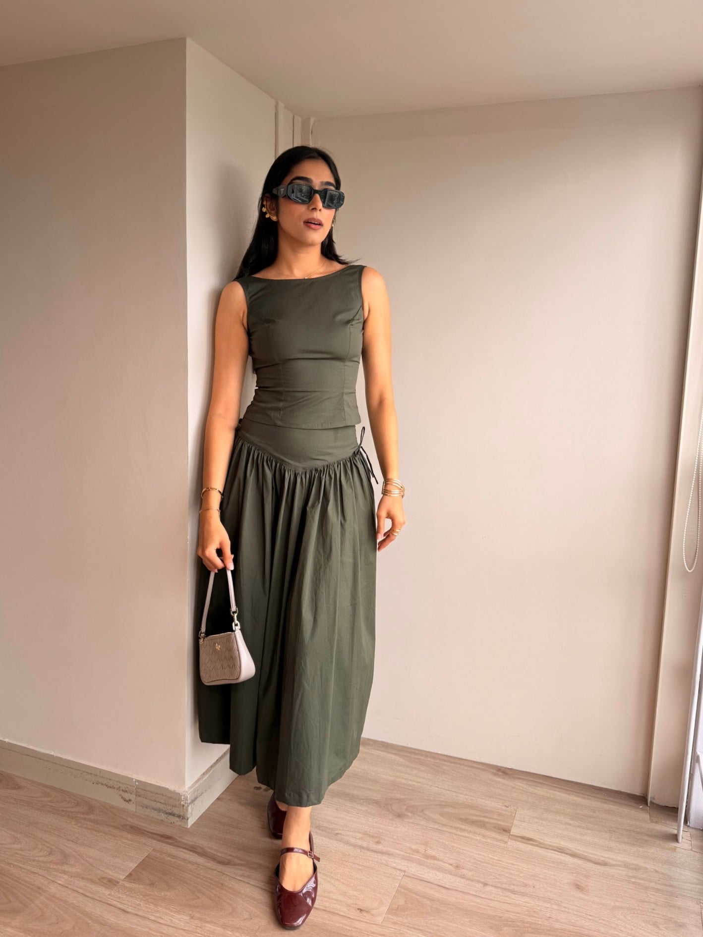 Olive green gathered skirt